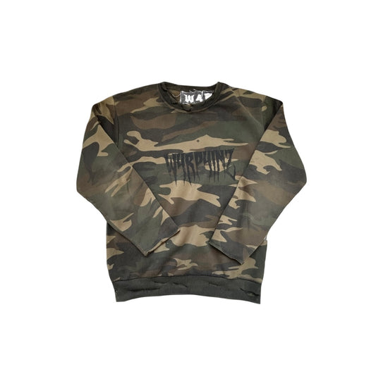 w4rp4inz Camo Distressed Crewneck — Front & Back Statement