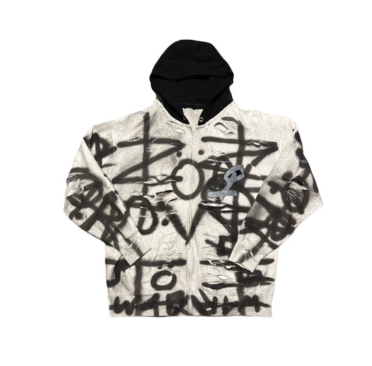 White w4rp4inz Graffiti Zip-Up with Black Hood & Back Patch Logo Print