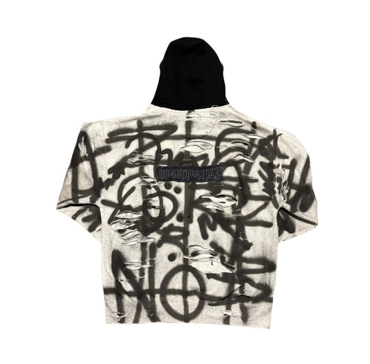 White w4rp4inz Graffiti Zip-Up with Black Hood & Back Patch Logo Print