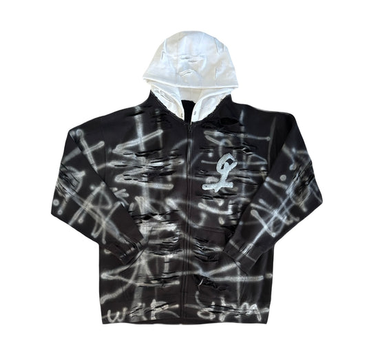 Black w4rp4inz Graffiti Zip-Up with white Hood & Back Logo Print